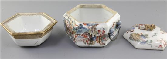 A Chinese famille rose hexagonal food warming vessel, cover and liner, Tongzhi mark and of the period (1862-74), width 16cm